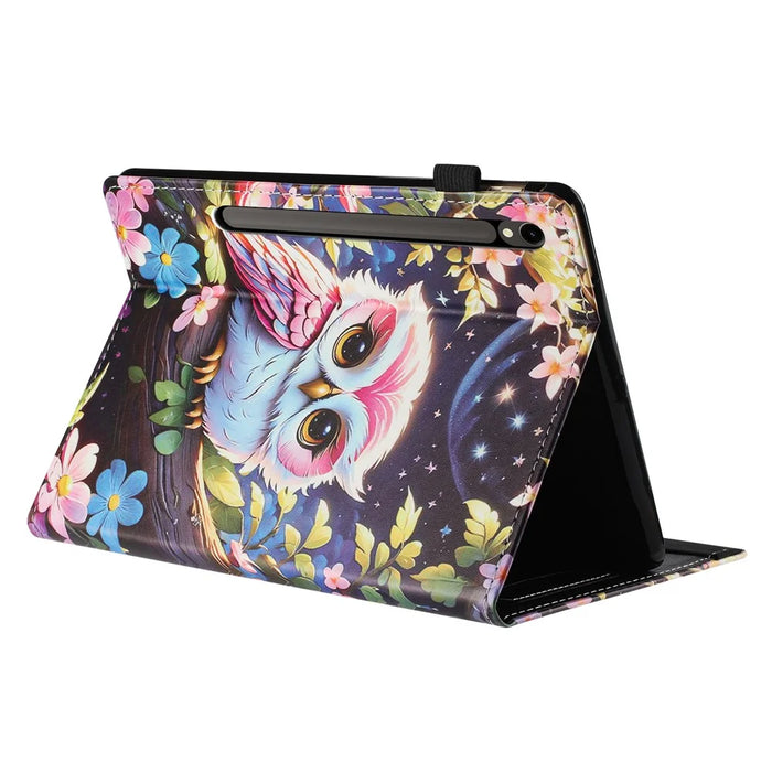 For Samsung Galaxy Tab S10 FE / S9 FE / S9 Tablet Case Litchi Texture Pattern Printing Leather Cover with Card Holder - Owl - 3