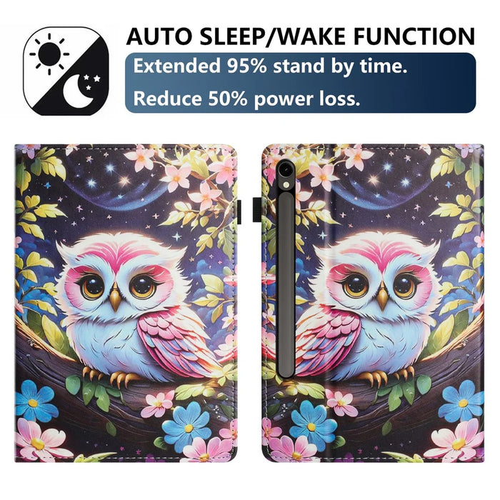For Samsung Galaxy Tab S10 FE / S9 FE / S9 Tablet Case Litchi Texture Pattern Printing Leather Cover with Card Holder - Owl - 4