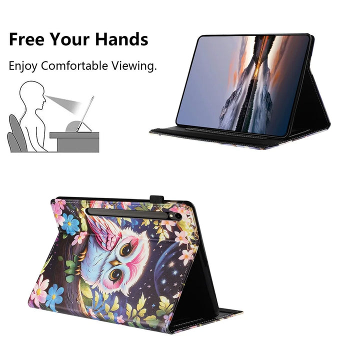 For Samsung Galaxy Tab S10 FE / S9 FE / S9 Tablet Case Litchi Texture Pattern Printing Leather Cover with Card Holder - Owl - 5