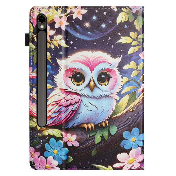 For Samsung Galaxy Tab S10 FE / S9 FE / S9 Tablet Case Litchi Texture Pattern Printing Leather Cover with Card Holder - Owl - 7