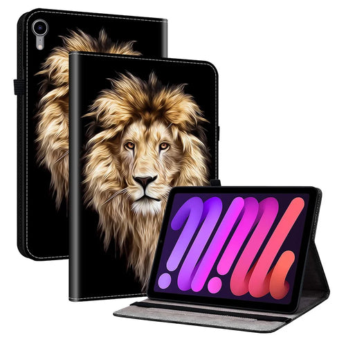 For iPad mini (2024)  /  (2021) Leather Case Pattern Printed Stand Tablet Cover with Card Slots - Lion Head - 1