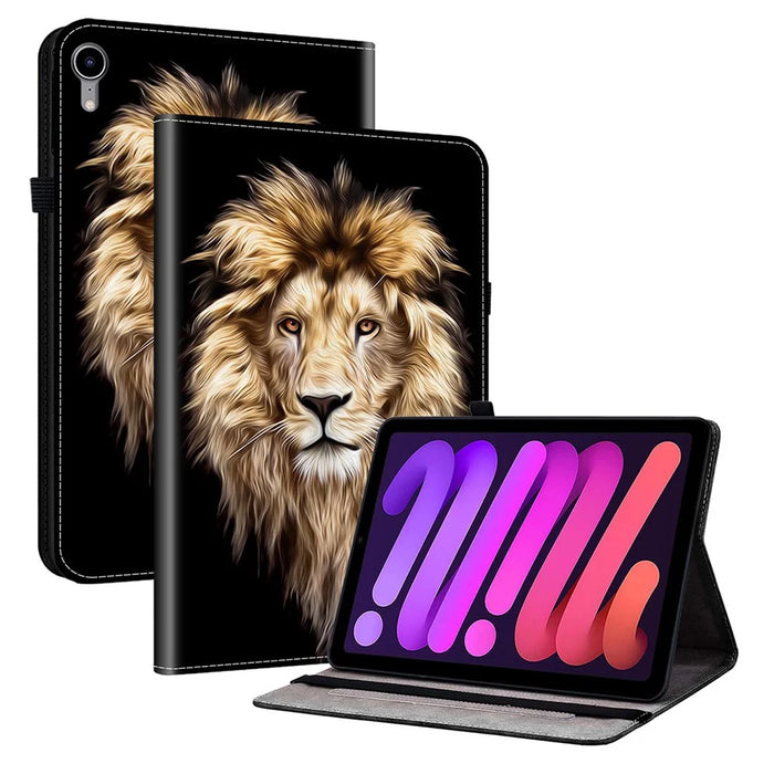 For iPad mini (2024)  /  (2021) Leather Case Pattern Printed Stand Tablet Cover with Card Slots - Lion Head - 1