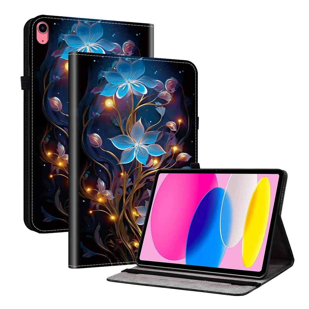 For iPad (2025)  /  10.9 (2022) Leather Case Pattern Printed Stand Tablet Cover with Card Slots - Small Lantern Flower - 1