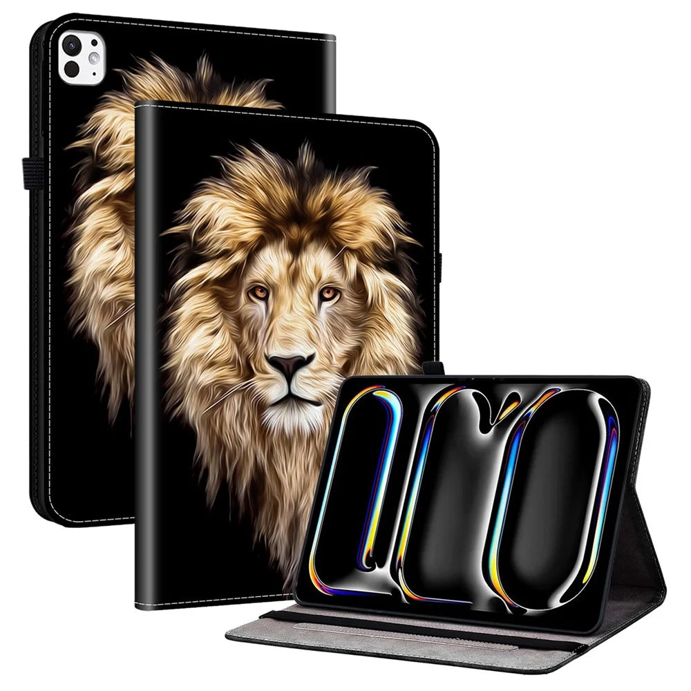 For iPad Pro 11 (2025) / 11 (2024) Leather Case Pattern Printed Stand Tablet Cover with Card Slots - Lion Head - 1
