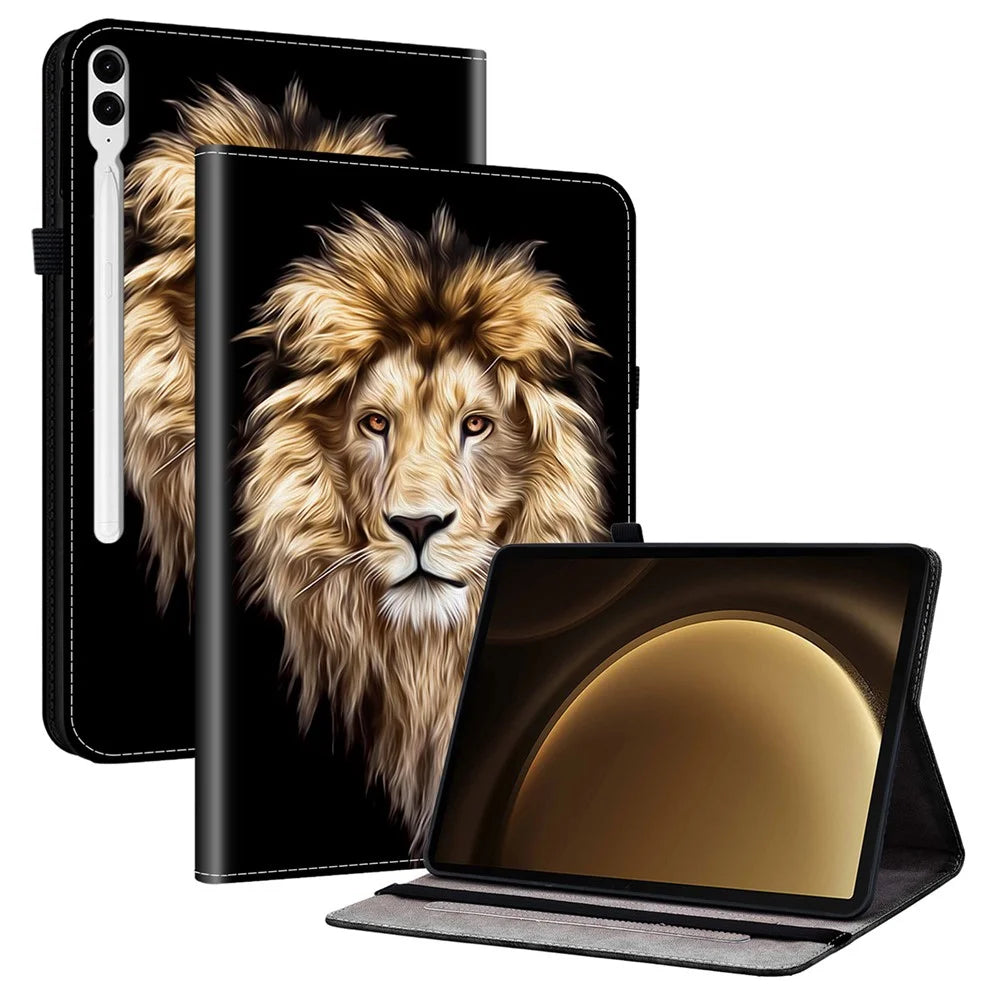 Leather Case For Samsung Galaxy Tab S10+  /  S9 FE+  /  S9+ Pattern Printed Stand Tablet Cover with Card Slots - Lion Head - 1
