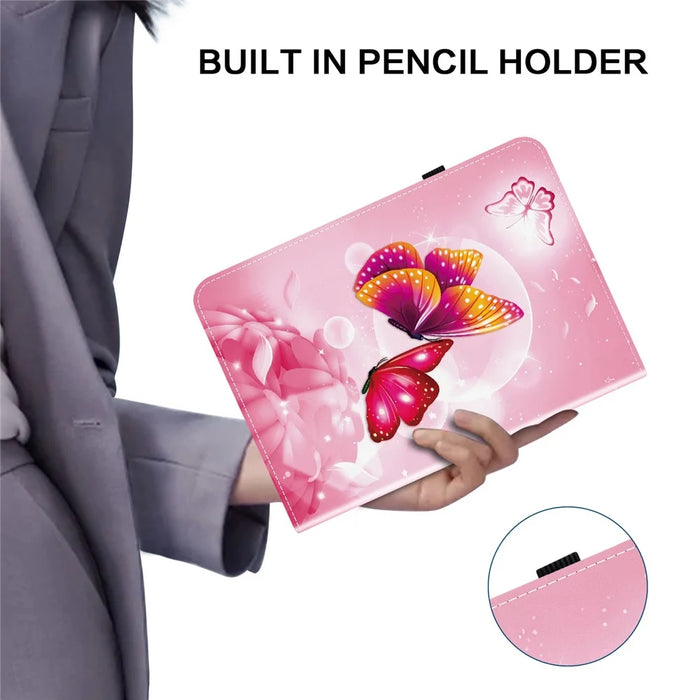 For Samsung Galaxy Tab A9+ Leather Case Pattern Printed Stand Tablet Cover with Card Slots - Pink Butterfly - 5