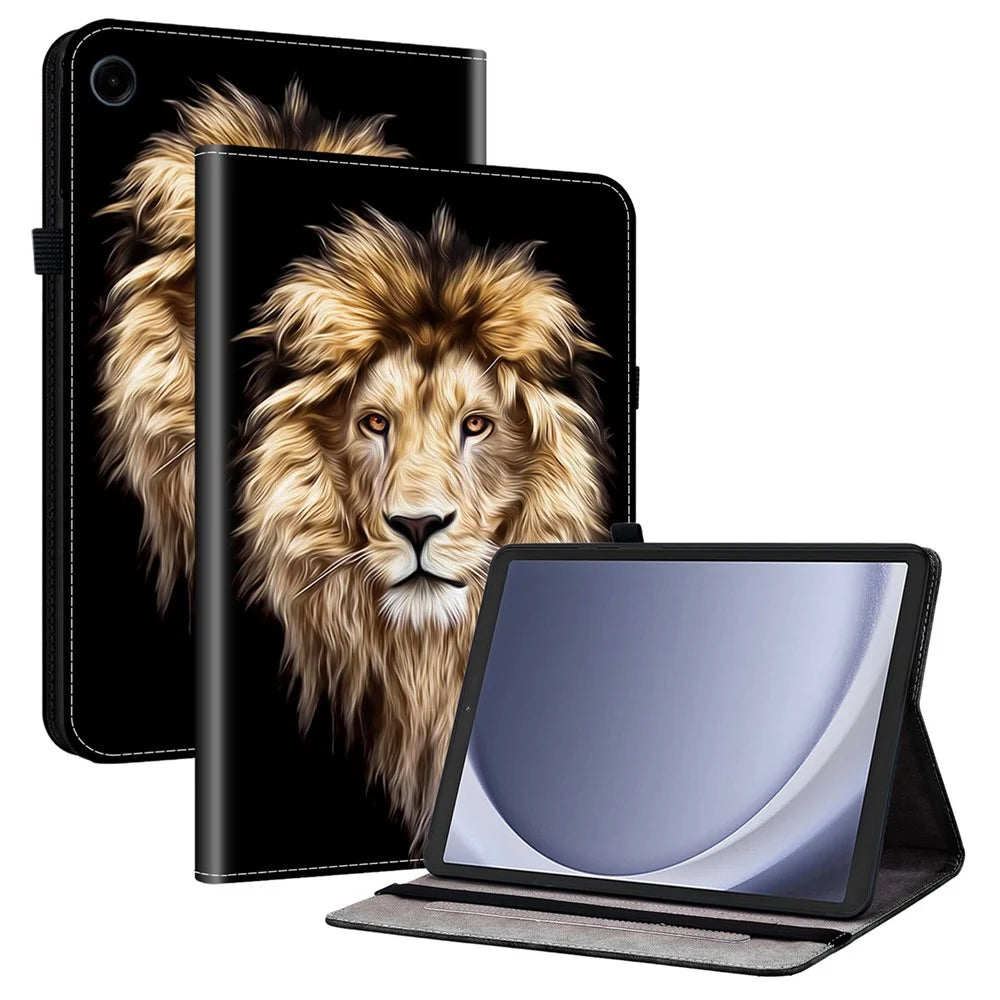For Samsung Galaxy Tab A9 Leather Case Pattern Printed Stand Tablet Cover with Card Slots - Lion Head - 1