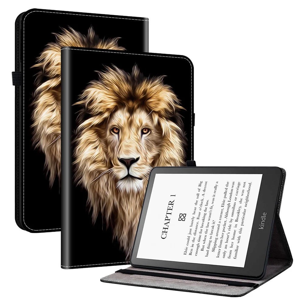 For Amazon Kindle Paperwhite (2021) Leather Case Pattern Printed Stand Tablet Cover with Card Slots - Lion Head - 1