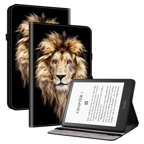 For Amazon Kindle Paperwhite (2021) Leather Case Pattern Printed Stand Tablet Cover with Card Slots - Lion Head - 1