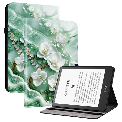 For Amazon Kindle Paperwhite (2024) / Kindle Colorsoft Leather Case Pattern Printed Stand Tablet Cover with Card Slots - Jade Flower - 1
