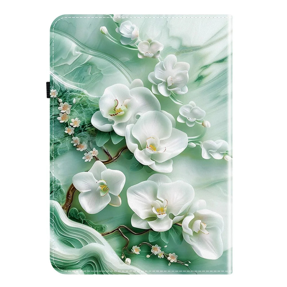 For Amazon Kindle Paperwhite (2024) / Kindle Colorsoft Leather Case Pattern Printed Stand Tablet Cover with Card Slots - Jade Flower - 7
