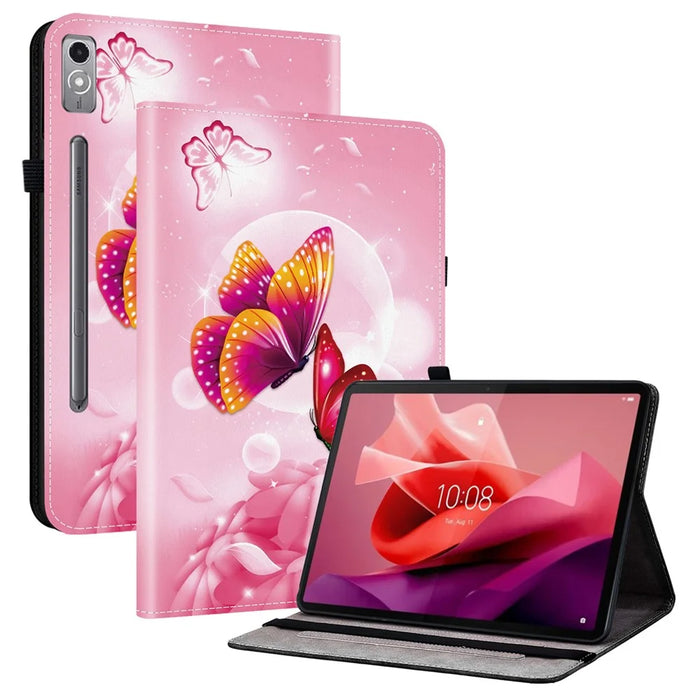 For Lenovo Tab P12 Leather Case Pattern Printed Stand Tablet Cover with Card Slots - Pink Butterfly - 1