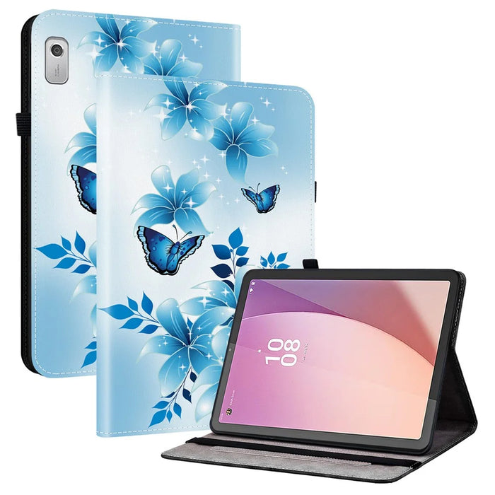 For Lenovo Tab M9 TB-310FU Leather Case Pattern Printed Stand Tablet Cover with Card Slots - Blue Butterfly - 1