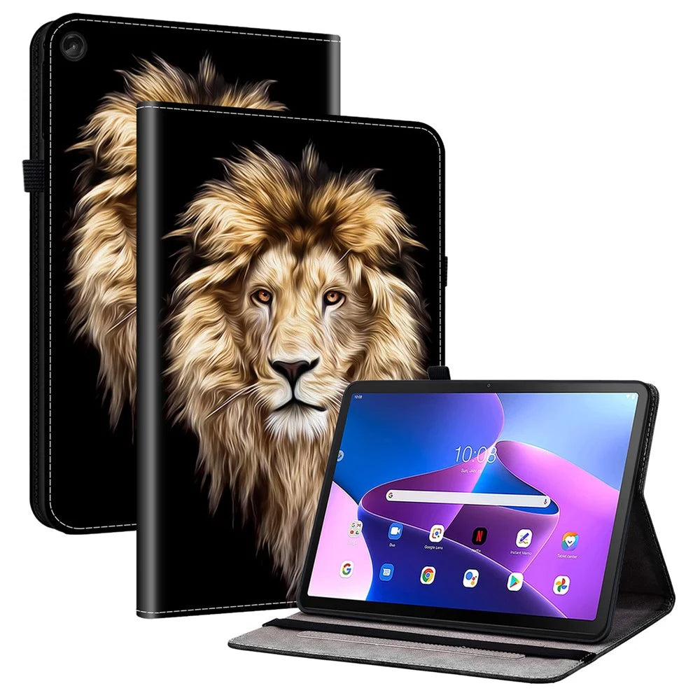 For Lenovo Tab M10 Plus (3rd Gen) Leather Case Pattern Printed Stand Tablet Cover with Card Slots - Lion Head - 1
