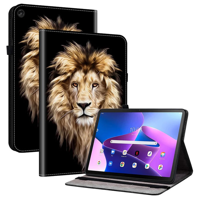 For Lenovo Tab M10 Plus (3rd Gen) Leather Case Pattern Printed Stand Tablet Cover with Card Slots - Lion Head - 1