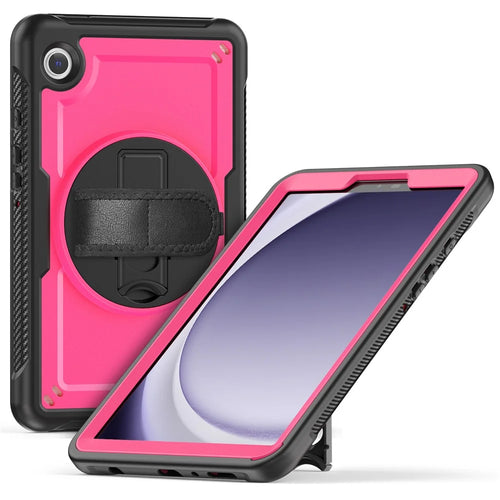 For Samsung Galaxy Tab A9 (SM-X110  /  X115  /  X117) Case Rotating Kickstand PC + TPE Shockproof Tablet Cover with Hand Strap - Rose - 1