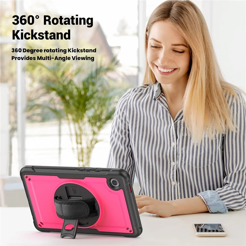 For Samsung Galaxy Tab A9 (SM-X110  /  X115  /  X117) Case Rotating Kickstand PC + TPE Shockproof Tablet Cover with Hand Strap - Rose - 2