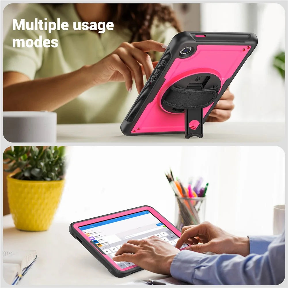 For Samsung Galaxy Tab A9 (SM-X110  /  X115  /  X117) Case Rotating Kickstand PC + TPE Shockproof Tablet Cover with Hand Strap - Rose - 3