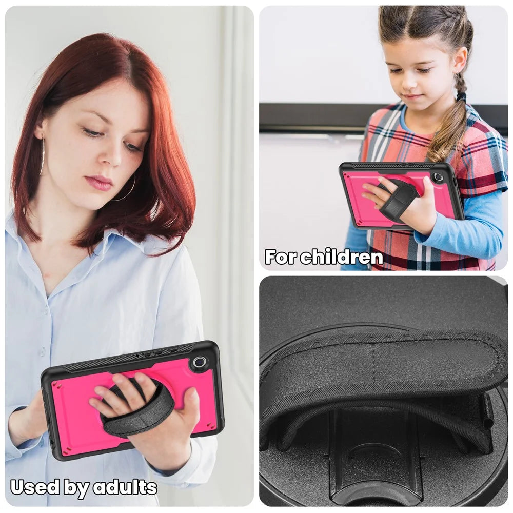 For Samsung Galaxy Tab A9 (SM-X110  /  X115  /  X117) Case Rotating Kickstand PC + TPE Shockproof Tablet Cover with Hand Strap - Rose - 4