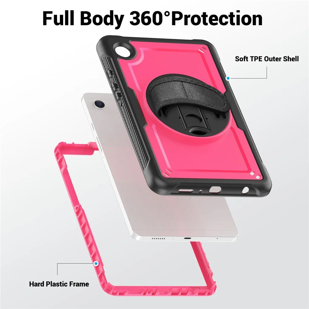 For Samsung Galaxy Tab A9 (SM-X110  /  X115  /  X117) Case Rotating Kickstand PC + TPE Shockproof Tablet Cover with Hand Strap - Rose - 5