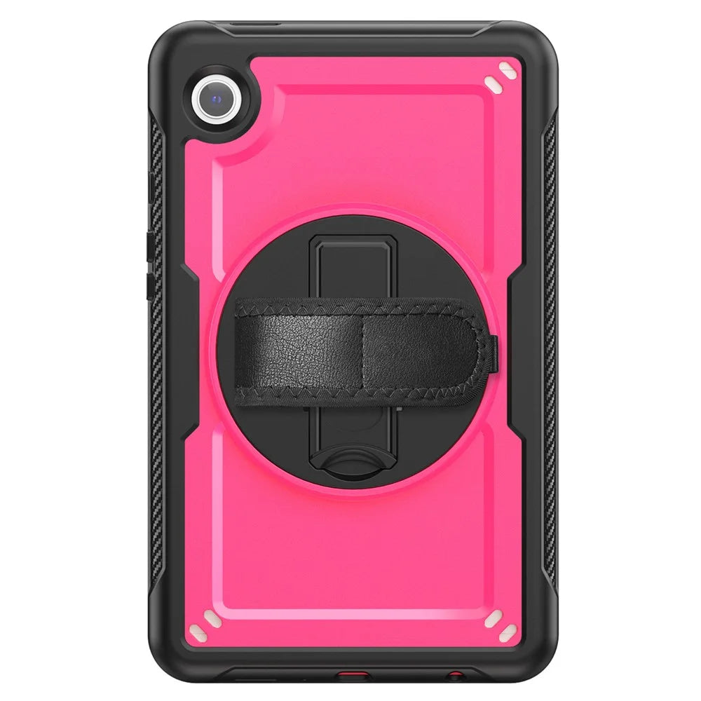 For Samsung Galaxy Tab A9 (SM-X110  /  X115  /  X117) Case Rotating Kickstand PC + TPE Shockproof Tablet Cover with Hand Strap - Rose - 7