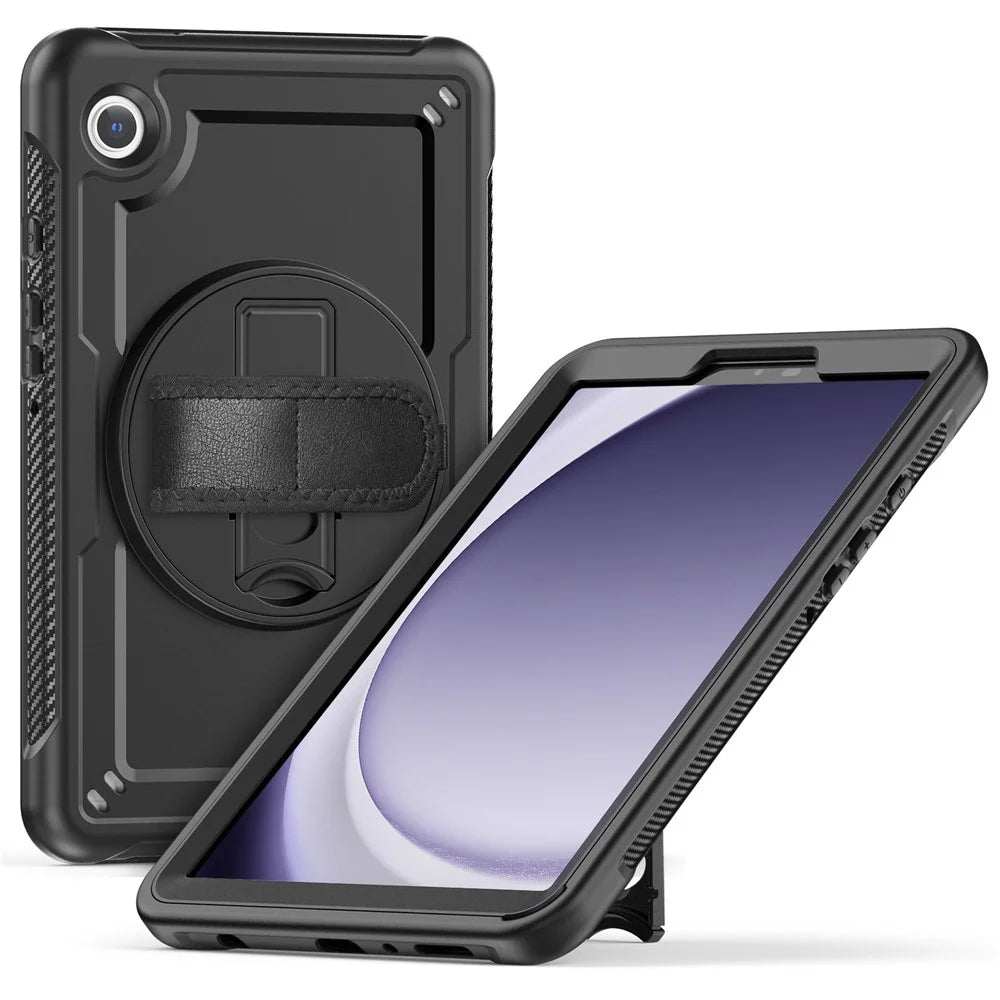 For Samsung Galaxy Tab A9 (SM-X110  /  X115  /  X117) Case Rotating Kickstand PC + TPE Tablet Cover with Hand Strap and Shoulder Strap - Black - 1