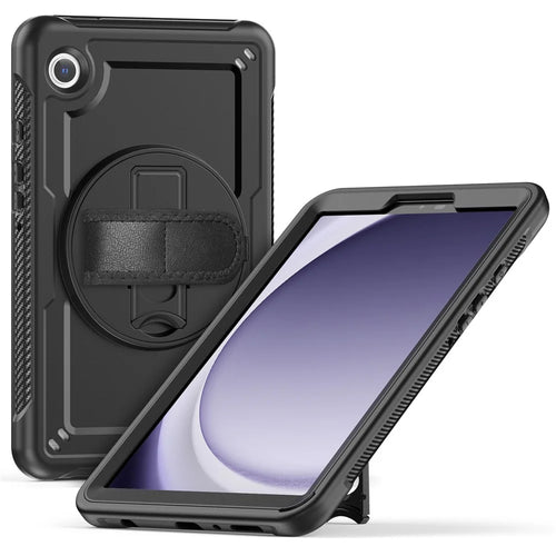 For Samsung Galaxy Tab A9 (SM-X110  /  X115  /  X117) Case Rotating Kickstand PC + TPE Tablet Cover with Hand Strap and Shoulder Strap - Black - 1