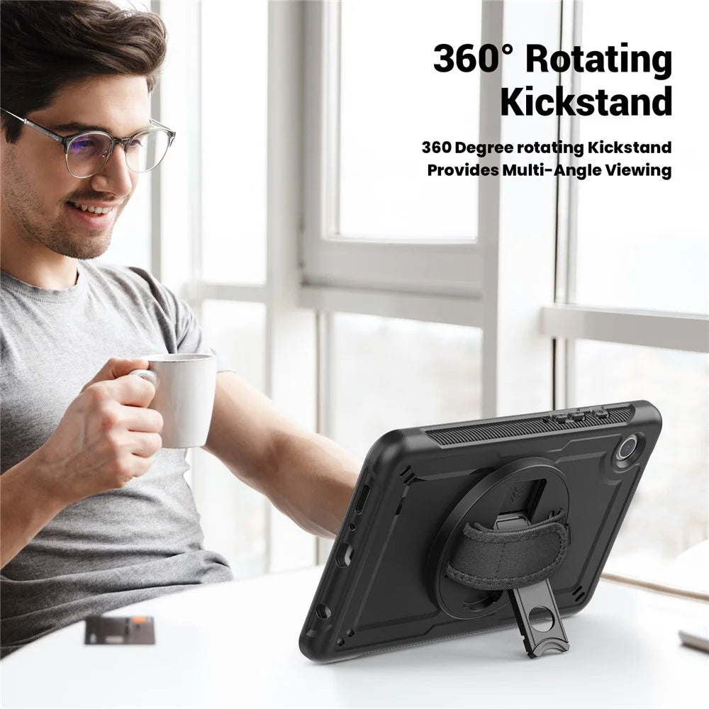 For Samsung Galaxy Tab A9 (SM-X110  /  X115  /  X117) Case Rotating Kickstand PC + TPE Tablet Cover with Hand Strap and Shoulder Strap - Black - 3