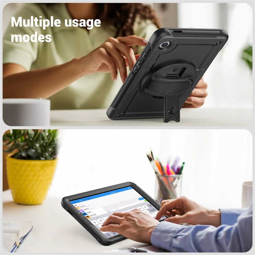 For Samsung Galaxy Tab A9 (SM-X110  /  X115  /  X117) Case Rotating Kickstand PC + TPE Tablet Cover with Hand Strap and Shoulder Strap - Black - 4