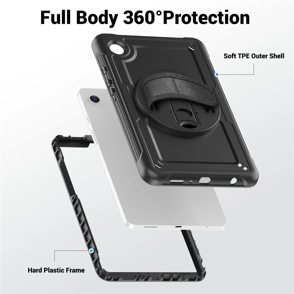 For Samsung Galaxy Tab A9 (SM-X110  /  X115  /  X117) Case Rotating Kickstand PC + TPE Tablet Cover with Hand Strap and Shoulder Strap - Black - 6