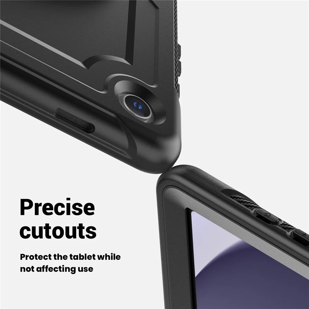 For Samsung Galaxy Tab A9 (SM-X110  /  X115  /  X117) Case Rotating Kickstand PC + TPE Tablet Cover with Hand Strap and Shoulder Strap - Black - 7