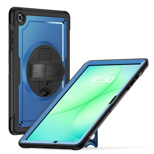 For Samsung Galaxy Tab A11+ / A9+ Case Rotating Kickstand PC + TPE Shockproof Tablet Cover with Hand Strap - Navy Blue - 1