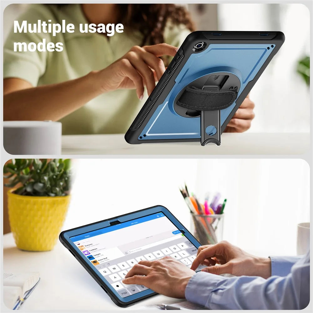 For Samsung Galaxy Tab A11+ / A9+ Case Rotating Kickstand PC + TPE Shockproof Tablet Cover with Hand Strap - Navy Blue - 6