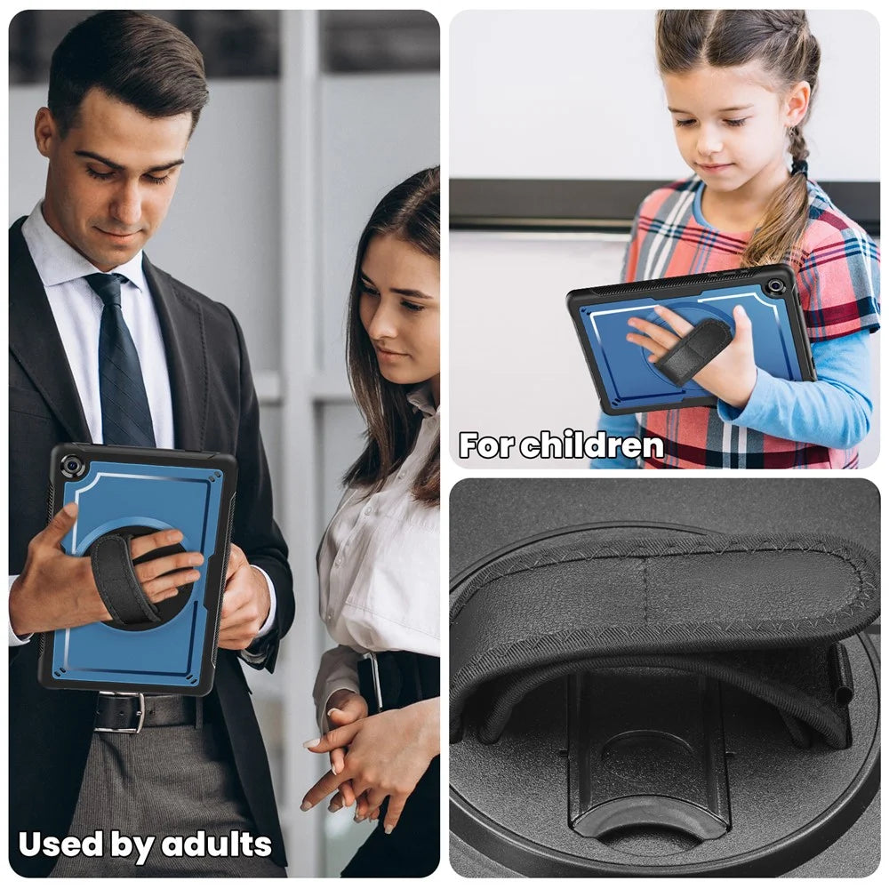 For Samsung Galaxy Tab A11+ / A9+ Case Rotating Kickstand PC + TPE Shockproof Tablet Cover with Hand Strap - Navy Blue - 7