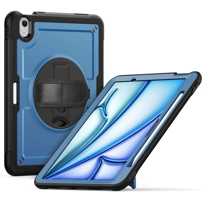 For iPad Air 11 (2026) / (2025) / (2024) Case Kickstand PC + TPE Tablet Cover with Hand Strap and Shoulder Strap - Navy Blue - 1