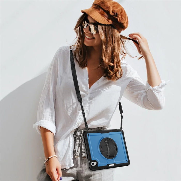 For iPad Air 11 (2026) / (2025) / (2024) Case Kickstand PC + TPE Tablet Cover with Hand Strap and Shoulder Strap - Navy Blue - 2