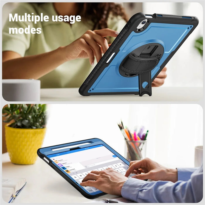 For iPad Air 11 (2026) / (2025) / (2024) Case Kickstand PC + TPE Tablet Cover with Hand Strap and Shoulder Strap - Navy Blue - 4