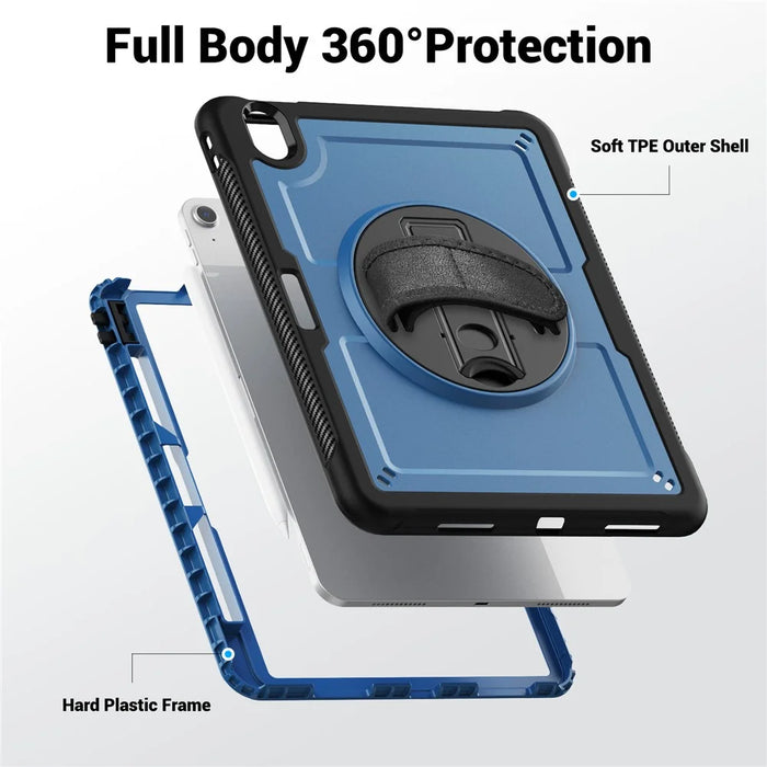 For iPad Air 11 (2026) / (2025) / (2024) Case Kickstand PC + TPE Tablet Cover with Hand Strap and Shoulder Strap - Navy Blue - 5