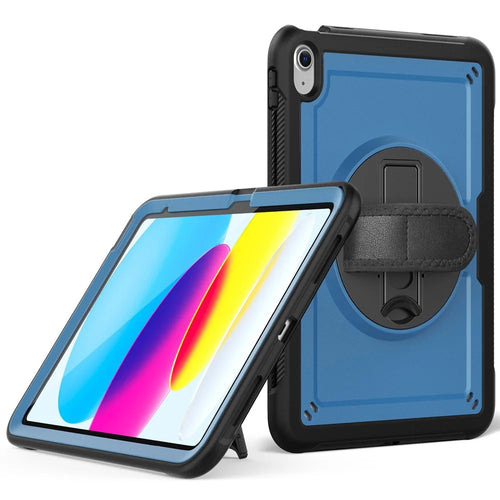 For iPad (2025)  /  10.9 (2022) Case Rotating Kickstand PC + TPE Shockproof Tablet Cover with Hand Strap - Navy Blue - 1