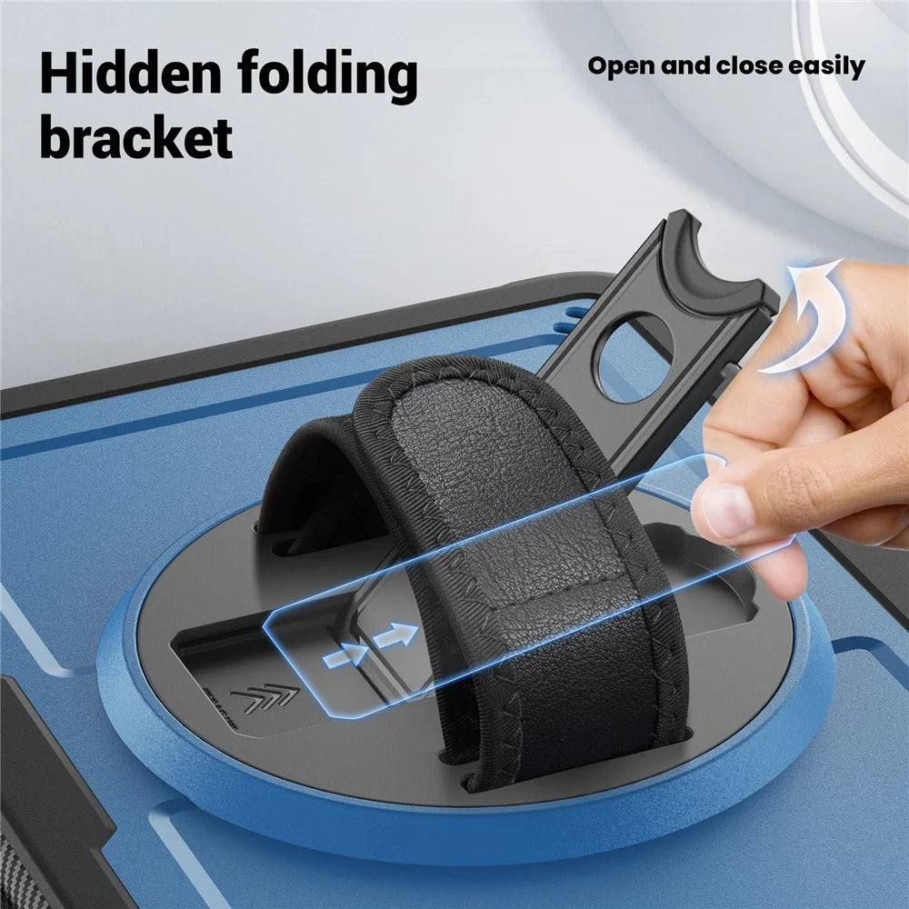 For iPad (2025)  /  10.9 (2022) Case Rotating Kickstand PC + TPE Shockproof Tablet Cover with Hand Strap - Navy Blue - 5