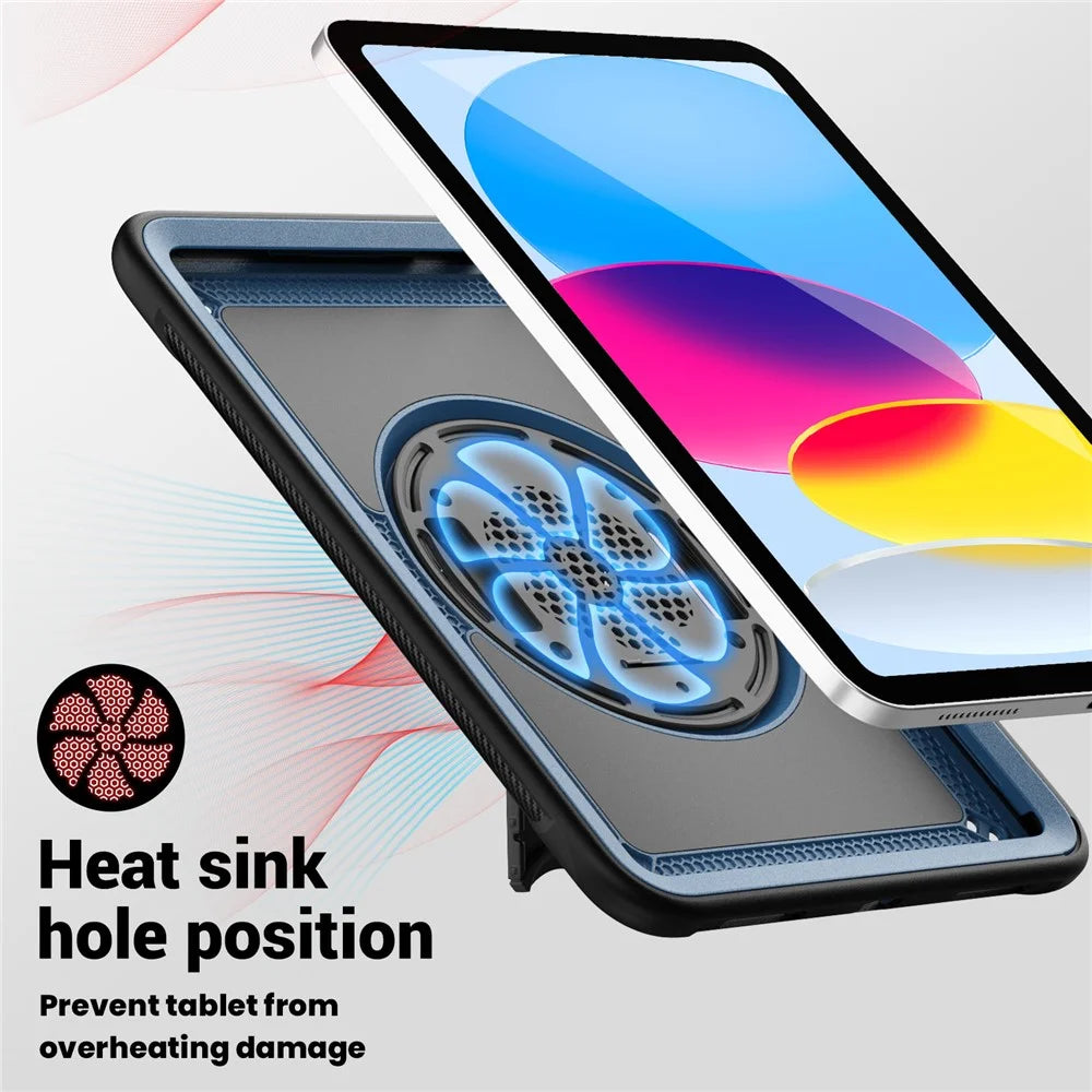 For iPad (2025)  /  10.9 (2022) Case Rotating Kickstand PC + TPE Shockproof Tablet Cover with Hand Strap - Navy Blue - 7