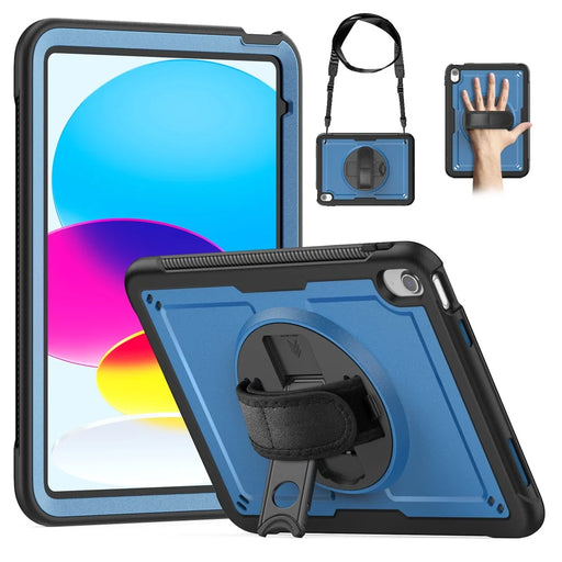 For iPad (2025)  /  10.9 (2022) Case Kickstand PC + TPE Tablet Cover with Hand Strap and Shoulder Strap - Navy Blue - 1