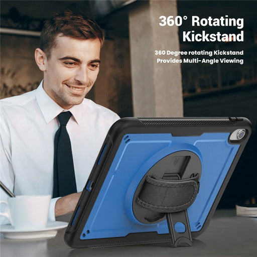 For iPad (2025)  /  10.9 (2022) Case Kickstand PC + TPE Tablet Cover with Hand Strap and Shoulder Strap - Navy Blue - 2