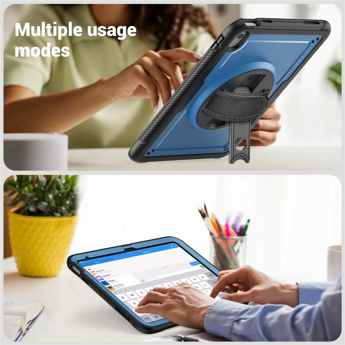 For iPad (2025)  /  10.9 (2022) Case Kickstand PC + TPE Tablet Cover with Hand Strap and Shoulder Strap - Navy Blue - 3