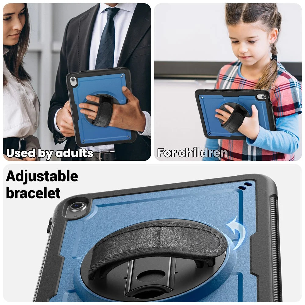For iPad (2025)  /  10.9 (2022) Case Kickstand PC + TPE Tablet Cover with Hand Strap and Shoulder Strap - Navy Blue - 6