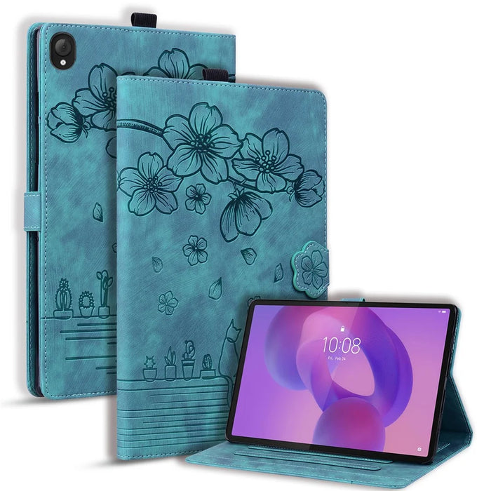 For Lenovo Tab K10C / Tab E10C Case Card Slots Leather Tablet Stand Folio Cover Flower Cat - Green - 1
