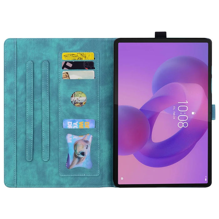 For Lenovo Tab K10C / Tab E10C Case Card Slots Leather Tablet Stand Folio Cover Flower Cat - Green - 2