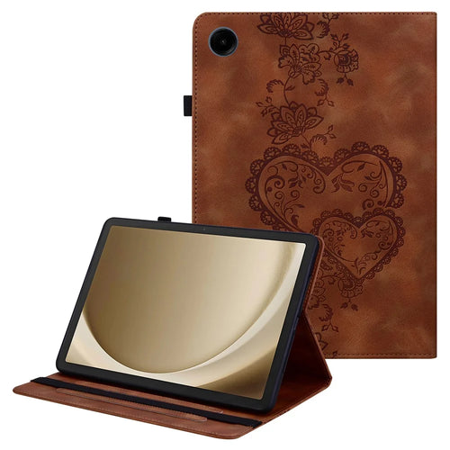 For Samsung Galaxy Tab A11+ / A9+ Leather Case Heart Imprint Foldable Stand Card Slot Stylus Holder Tablet Cover - Brown - 1