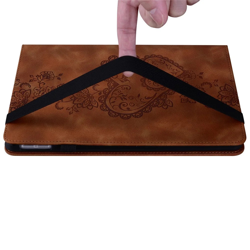 For Samsung Galaxy Tab A11+ / A9+ Leather Case Heart Imprint Foldable Stand Card Slot Stylus Holder Tablet Cover - Brown - 4