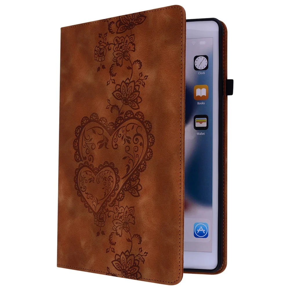 For Samsung Galaxy Tab A11+ / A9+ Leather Case Heart Imprint Foldable Stand Card Slot Stylus Holder Tablet Cover - Brown - 7